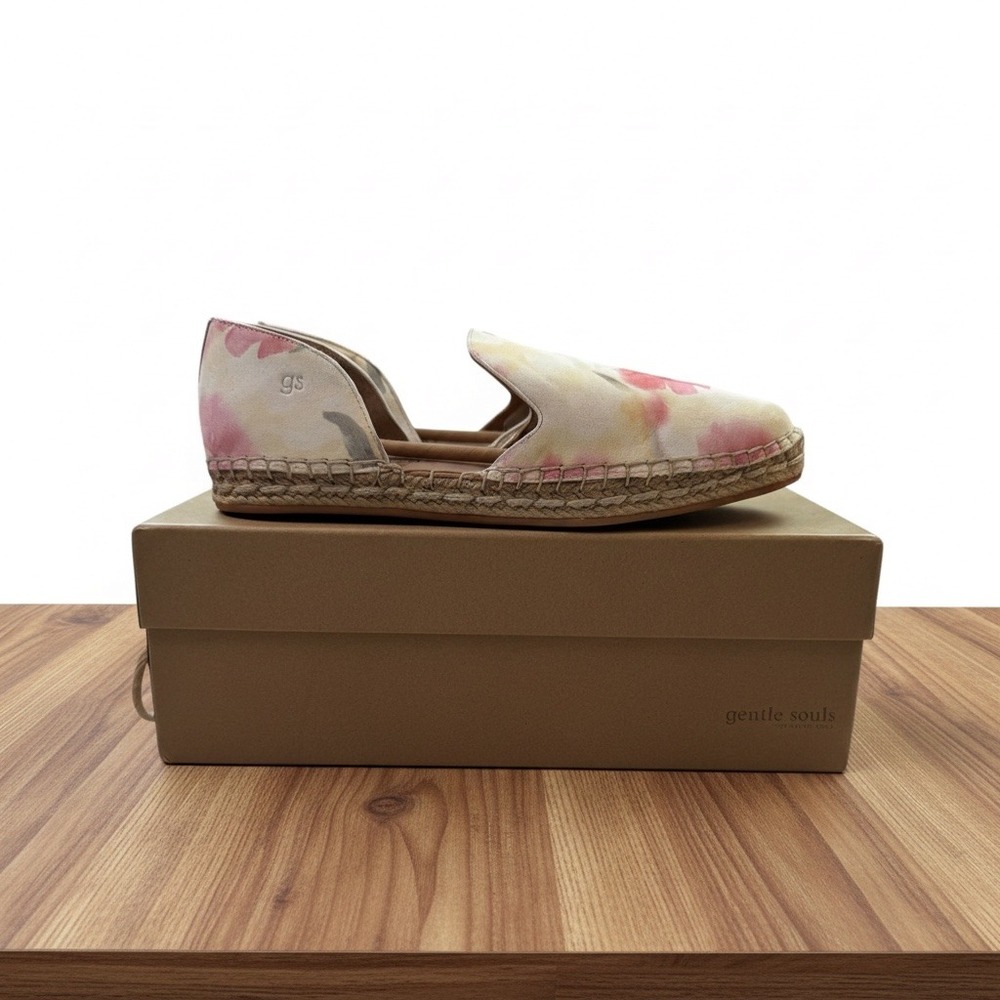 Gentle Souls Seville Floral Leather Espadrille Flats Watercolor Pink Womens 8.5